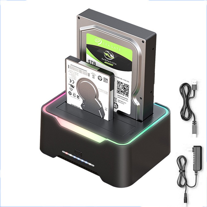 Докинг станция за твърд диск, Duueyct, USB 3.0, 2 x 20TB, до 5Gbps, поддръжка на UASP, функция за клониране, черна