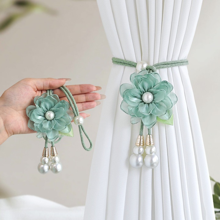 Set 2 accesorii perdele Bohemian cu flori din perla, design vintage, ajustabile, fara gaurire
