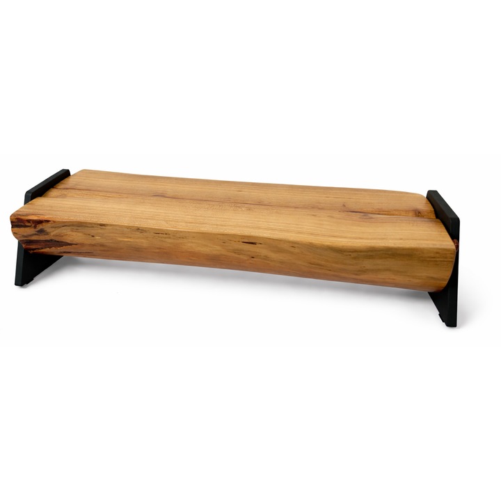 Obiect decorativ din lemn masiv de cires salbatic, cu suporti metalici, handmade, 34x13x8 cm, pentru condimente, lumanari sau servire gustari