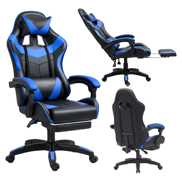 Forgó gamer szék lábtartóval, fekete / kék, Lean 30555