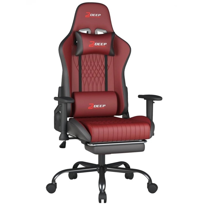 Scaun Gaming, TOP SCAUNE®, Scaun Gaming Ergonomic Cu Masaj Lombar Vibrator, Suport Picioare Extensibil Rabatabil, Cotiere 2D Reglabile, Spatar Reclinabil 155°, Piele PU Premium, Baza Metalica Rezistenta, Roti Silentioase, Rosu