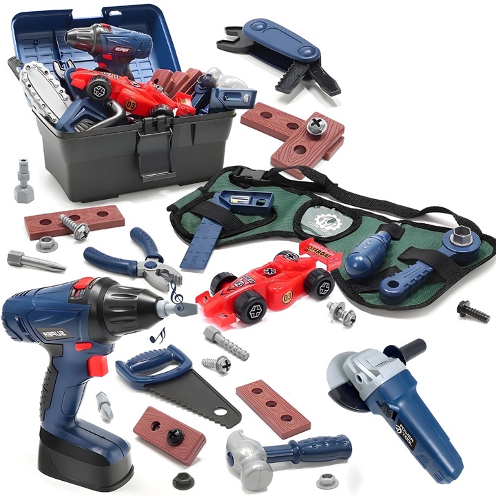 Trusa de Scule Copii 3 in 1 Kidprotect® Workie Master, Autofiletanta si Polizor Functionale, Masinuta Demontabila - Montabila, Patent, Surubelnite, Piulite, suruburi, Chei, Cleste, Fierastrau, Trusa Depozitare, Cadou Baieti 3 4 5 6 7 Ani