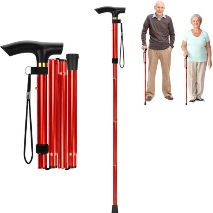 Baston pliabil, ajustabil 84x94cm, rosu, usor, maner T ergonomic, curea incheietura