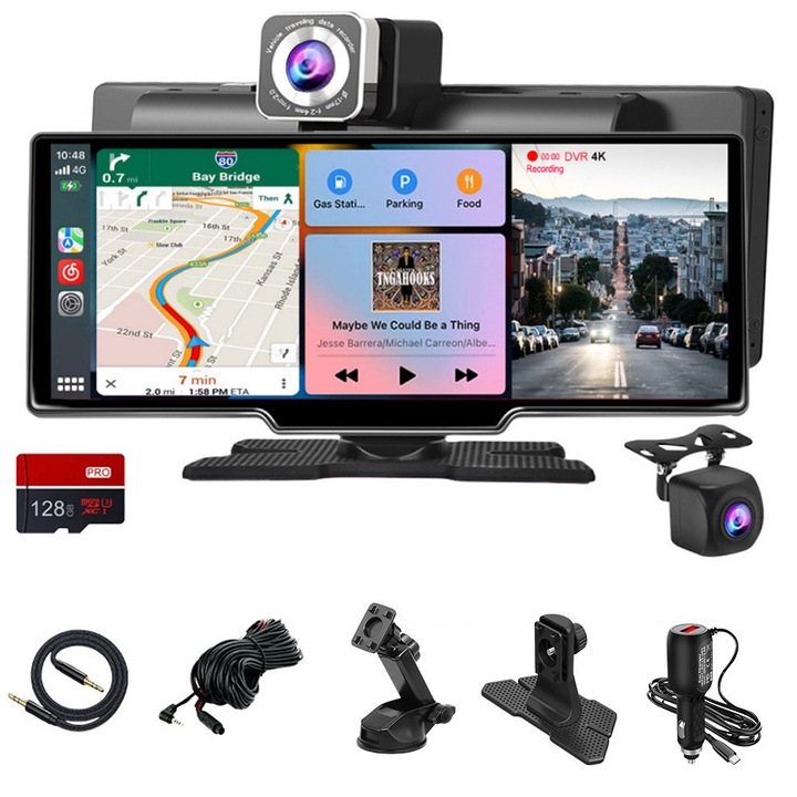 Navigatie Auto Universala Multimedia ZZHAO, 10.26 hüvelykes érintőképernyő, Vezeték nélküli CarPlay és Android Auto csatlakozás hangvezérléssel, 4K előlapi kamera, 1080P hátsó kamera felvételhez és parkoláshoz, 128 GB Micro-SD kártya mellékelve