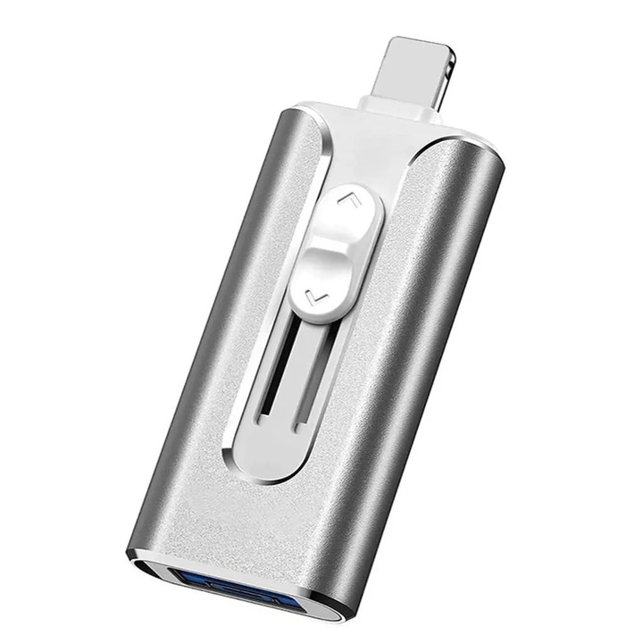 Memorie USB 3-in-1 128GB, transfer rapid de date, argintie, dimensiuni compacte