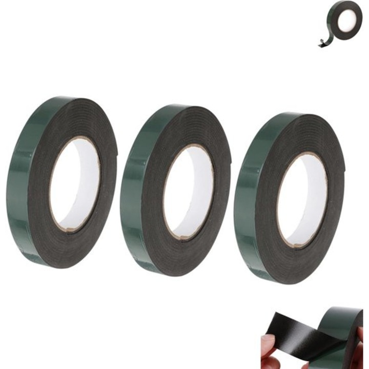 Banda dublu adeziva spuma, negru, 10mx12mmx1mm, set 3 bucati