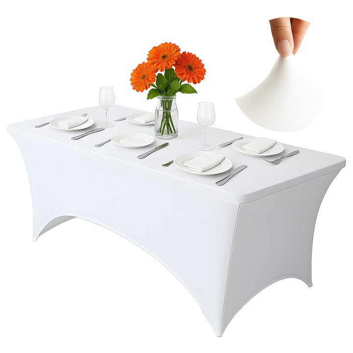 Husa masa evenimente, fata de masa catering elastica, cu sistem de prindere, dreptunghiulara, 183 x 76 x 76 cm, poliester, Alb