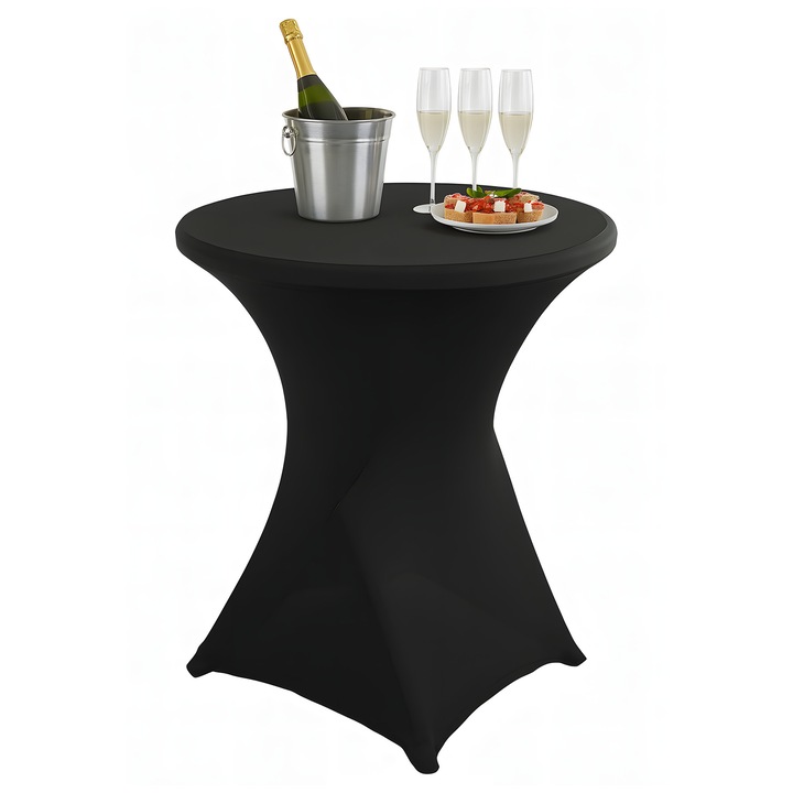 Husa masa evenimente, fata de masa catering elastica, cu sistem de prindere, rotunda, 80 x 110 cm, poliester, Negru