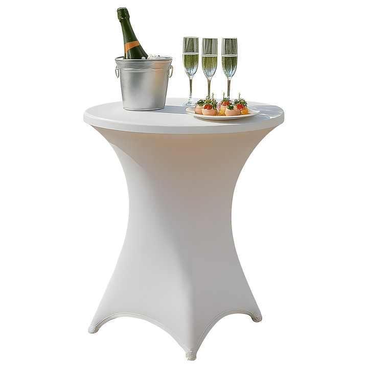 Husa masa evenimente, fata de masa catering elastica, cu sistem de prindere, rotunda, 80 x 110 cm, poliester, Alb