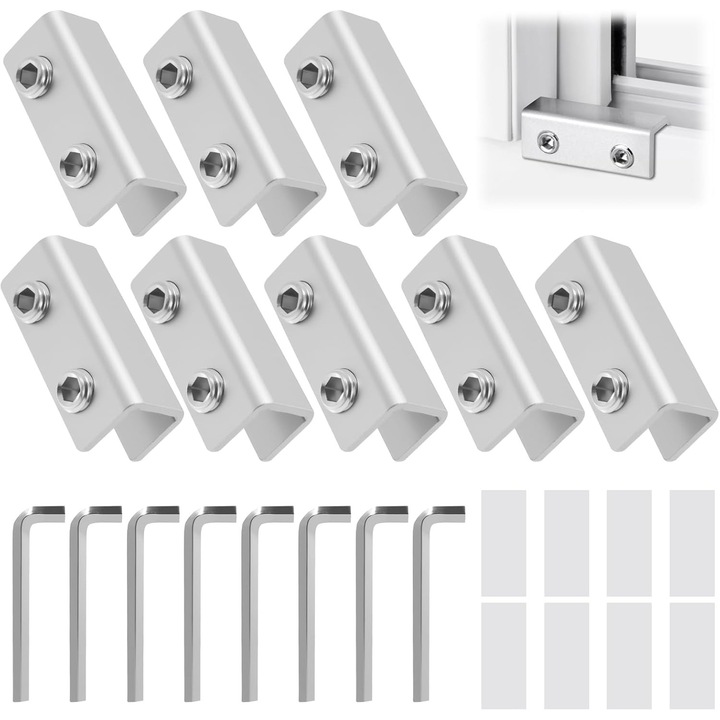 Set de 8 incuietori pentru feronerie de fereastra glisanta, argintii, dimensiuni compatibile cu feroneria de fereastra
