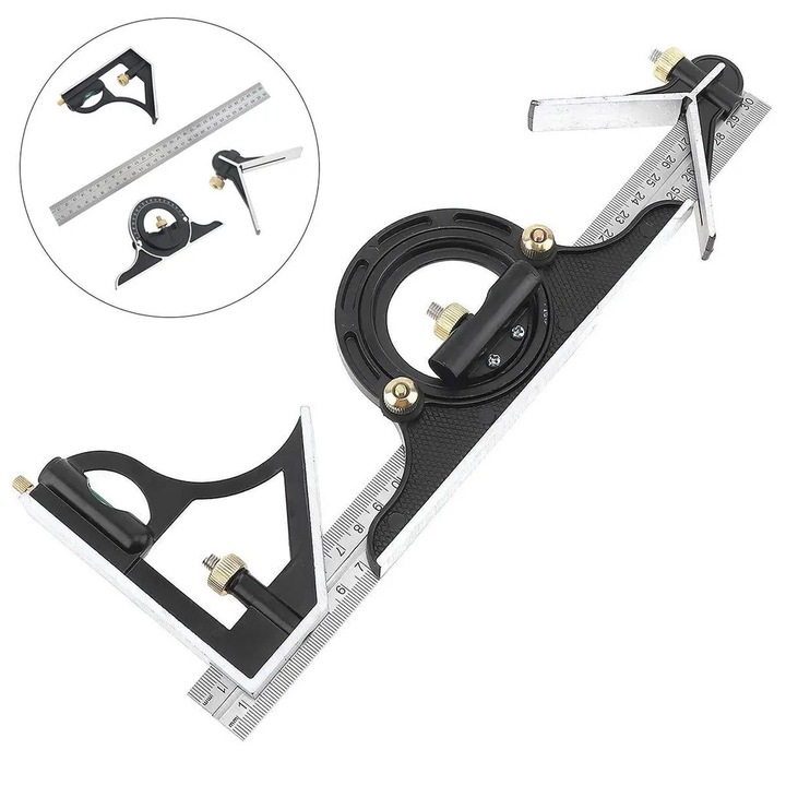 Set unelte de masura 30cm, cu rigla din otel inoxidabil, unghi ajustabil, nivel integrat, utilizare versatila.