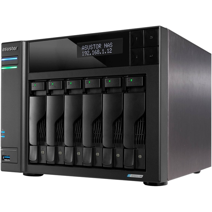 Network Attached Storage Asustor Lockerstor 6 Gen2+, AS6706T v2, 6 Bay NAS, Quad-Core 2.0GHz CPU, Dual 5GbE Ports, 8GB RAM DDR4, Four M.2 SSD Slots