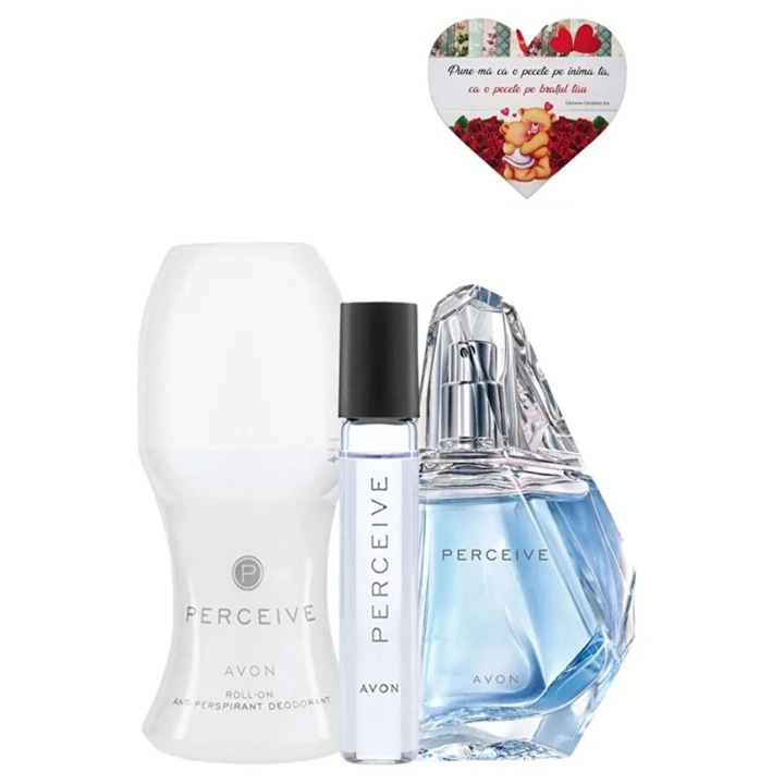 Set parfum Avon Perceive pentru Ea, 50 ml + mini parfum 10 ml + deodorant roll-on, inclusiv inimioară magnetică