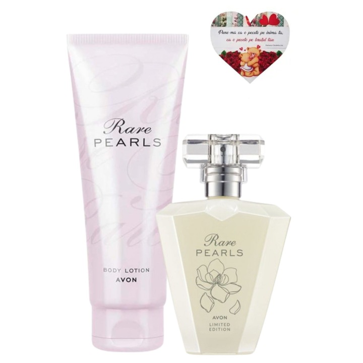 Set parfum Avon Rare Pearls 50 ml + crema de corp 125 ml, feminin, hidratant, inclusiv inimioara magnetica