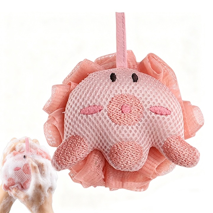 OLOEY® Rózsaszín 3D Polip Gyermek Fürdőszivacs, Mosószivacs Zsinórral, Gazdag Hab, Kétrétegű
