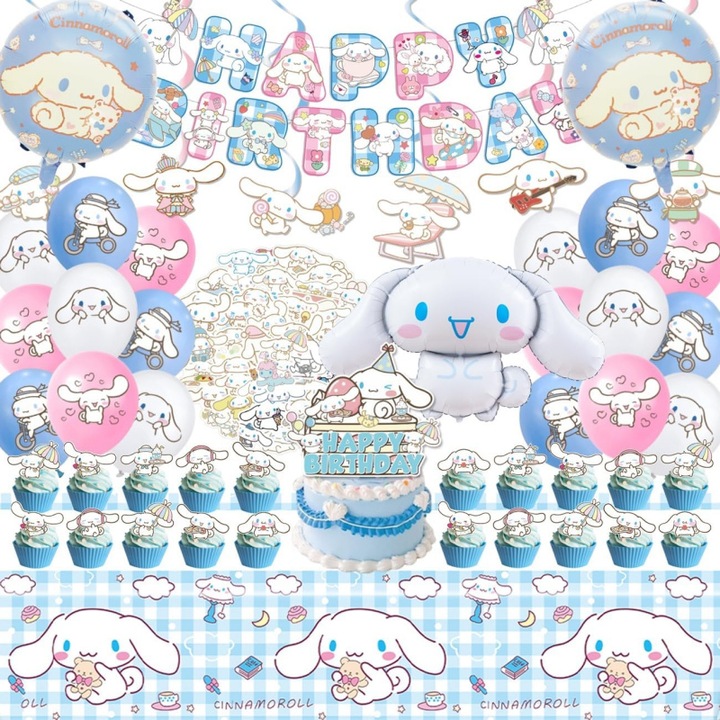 Set de petrecere Cinnamoroll, 101 piese, baloane, fata de masa, multicolor