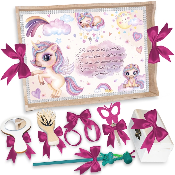 Set Tava pentru Taiere Mot LoreBebe Unicorn, 7 Piese, 32x24 cm, Roz