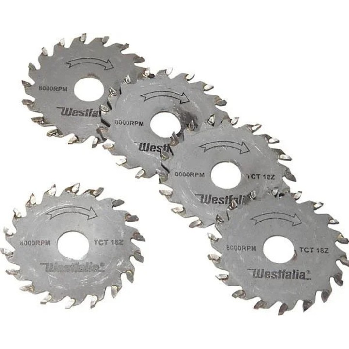 5 darabos fűrészlap készlet fa és műanyag megmunkálásához, 18 foggal, Westfalia, 50.8mm átmérő, 11mm furat