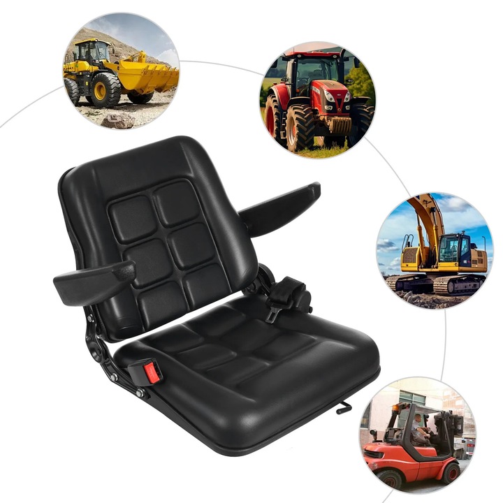 Scaun pentru stivuitor/tractor, Универсална седалка, Регулируема, С предпазен колан, Кожа, До 100 кг, Черен