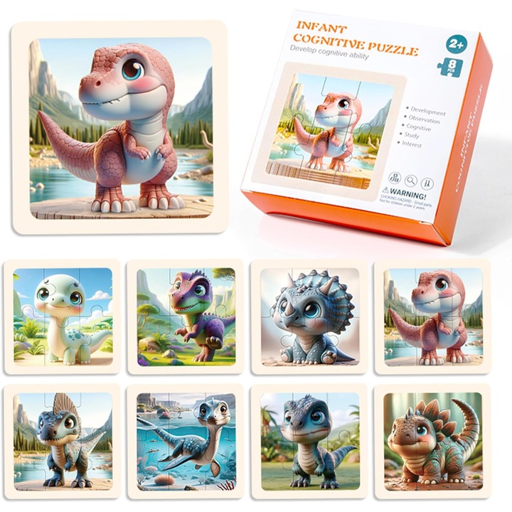 8 darabos dinoszauruszos kirakó készlet, 6 darabos, 2 év+, fa