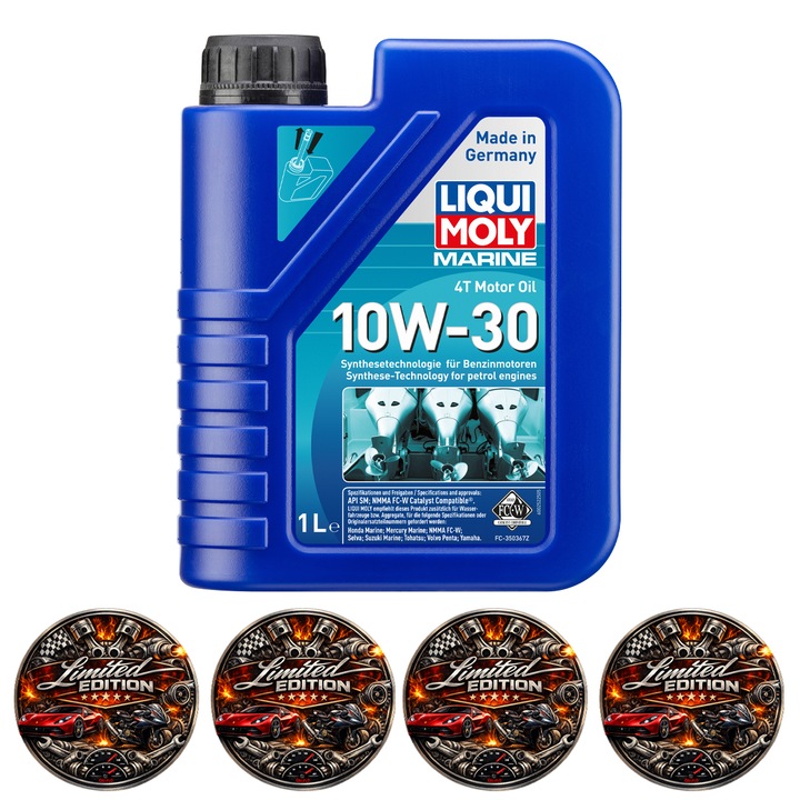 Ulei motor barca 4T Liqui Moly Marine 4T 10W-30 1L, sintetic, NMMA FC-W, API SM, pentru motoare marine inboard si outboard, 4x Stickere auto