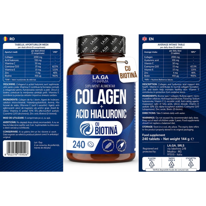 Étrend-kiegészítő, LA.GA PHARMA, Kollagén és Hialuronsav, Biotin, 240 tabletta, 2000 mg, Cink, Q10 koenzim, C és E vitamin