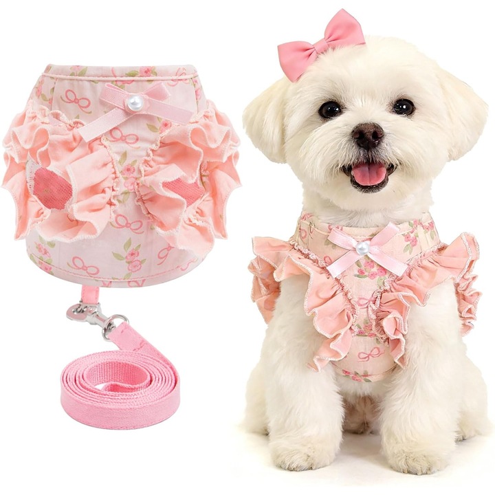Set Ham si Lesa cu Fundita si Volanase, Addachic, pentru caini/catei/pisici, S, Roz