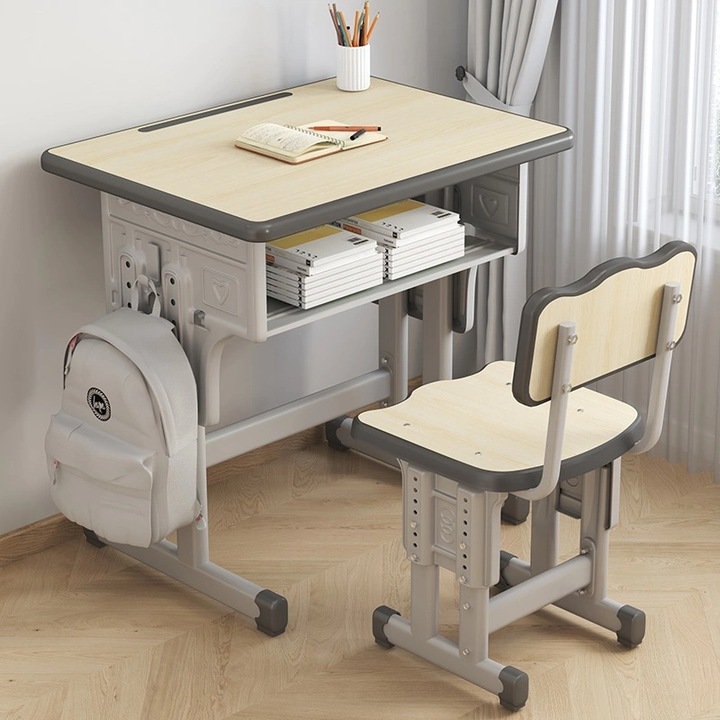 Set Birou Copii + Scaun, Zimilo, masa si scaun reglabile pe inaltime, design ergonomic, potrivit pentru copii cu varste intre 3 si 18 ani, 60x40x66-76 cm, maro lemn