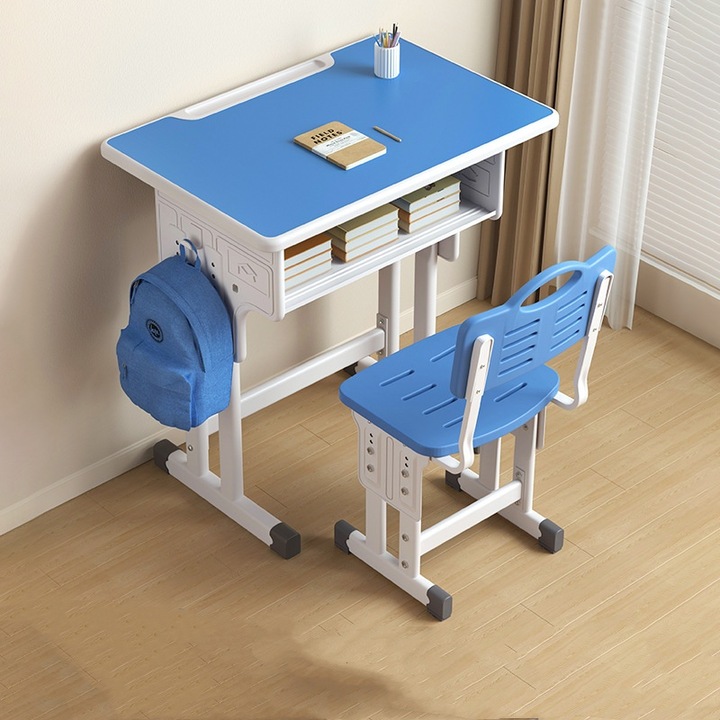 Set Birou Copii + Scaun, Zimilo, masa si scaun reglabile pe inaltime, design ergonomic, potrivit pentru copii cu varste intre 3 si 18 ani, 60x40x66-76 cm, Albastru