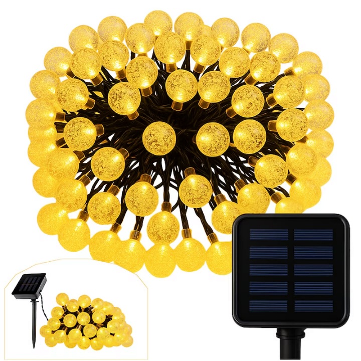 Соларен декоративен гирлянд 12м, 100 LED-а, топло жълт, Dissefa-tech, IP65, 8 режима на осветление