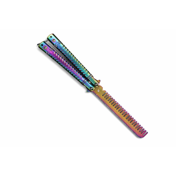 Pieptene Fluture Tip Balisong Fade cu grip agresiv, Antistres, Practica Trickuri, 22 cm, Dalimag