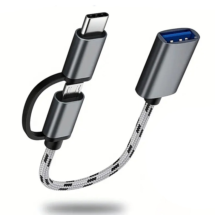 Adapter 2 az 1-ben USB-C / Micro USB-ről USB-re, FooFoony, Szürke, dupla interfész kialakítás, kompakt
