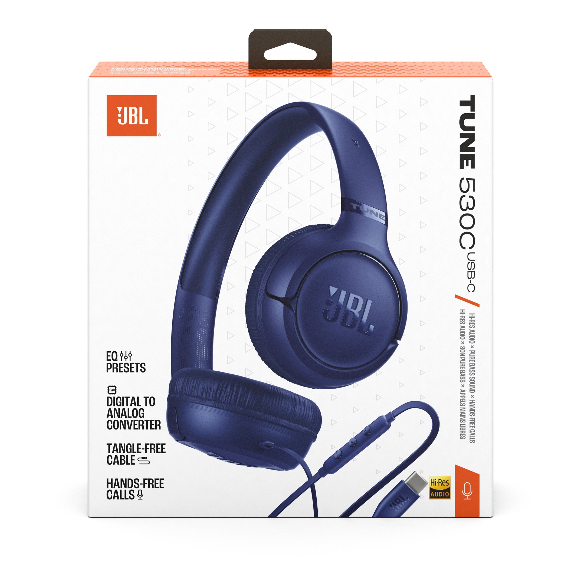 Casti JBL Tune 530C, Cu fir, On-ear, Microfon, USB-C, albastru