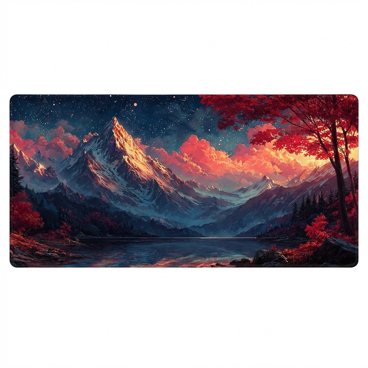 XXL Gaming Mousepad, Artinplace, 900x400x4mm, Baza Cauciuc Antiderapant, Suprafata Textila, Margini Cusute, Lavabil, Design Peisaj Montan Instelat, Rosu/Albastru