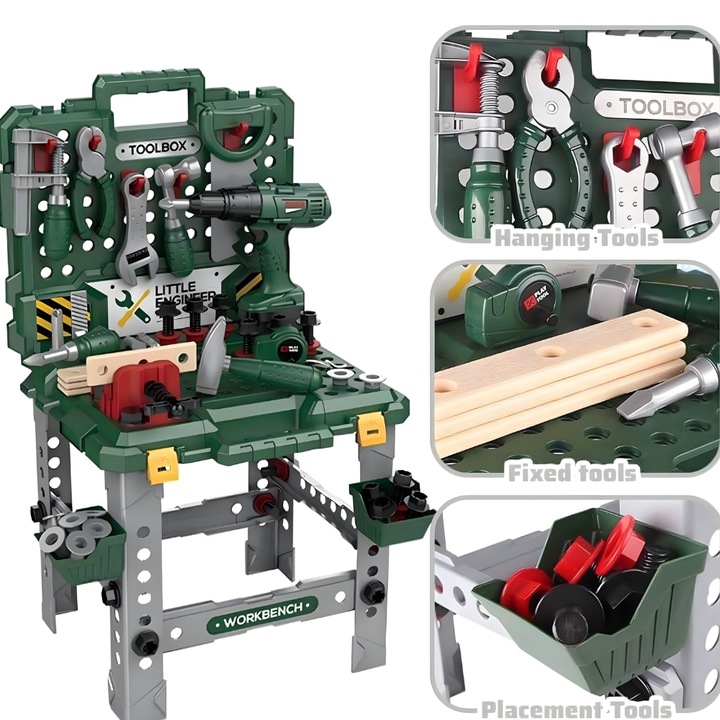 Banc de Lucru Copii Kidprotect® Smart Workshop, Pliabil, Autofiletanta Electrica, Surub, Fierastrau, Trusa Scule, Servieta Depozitare, 98 de Accesorii, 71 cm Inaltime, Super Realist, Cadou Baieti 3 4 5 6 7 Ani
