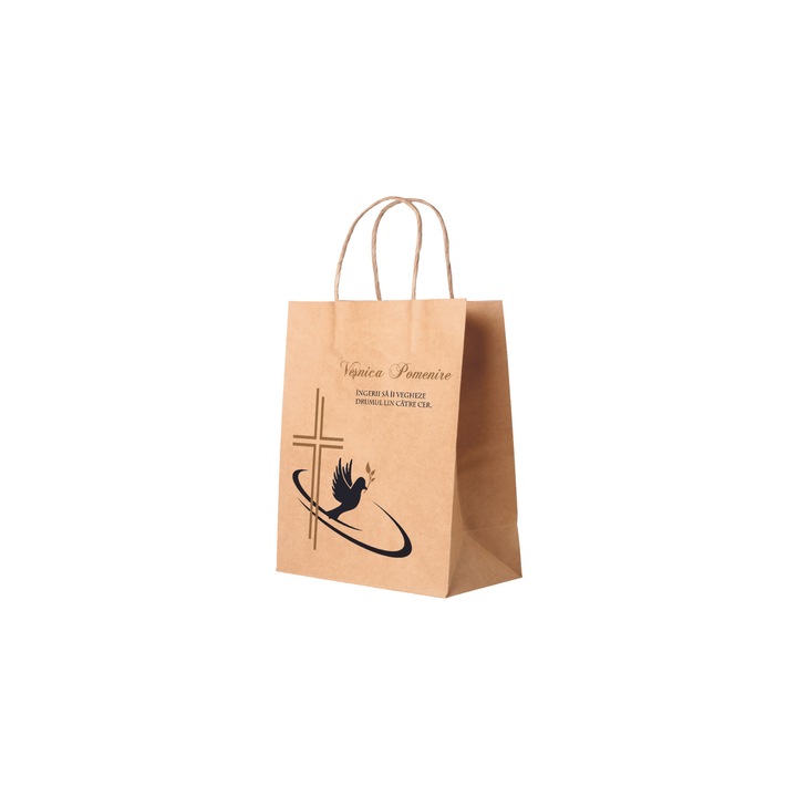 Set 10 bucati Punga hartie kraft NATUR pentru parastas, pomana, inmormantare „Drumul Spre Cer” Vesnica Pomenire – manere rasucite – 18 x 22(H) x 8 cm
