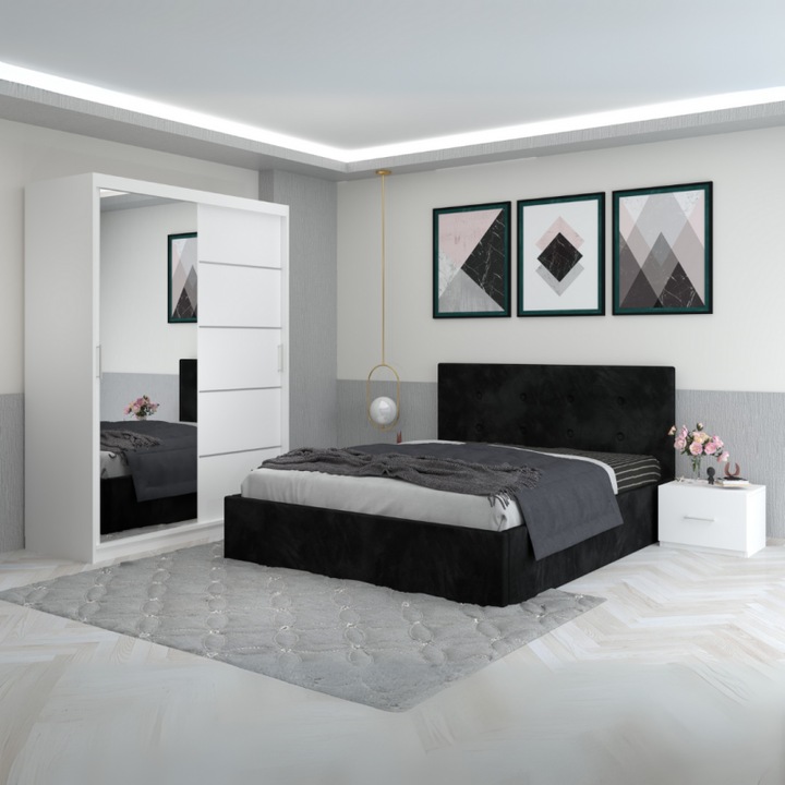 Dormitor Filip NEGRU Cu Pat Tapitat Catifea CELA MOB - 140X200