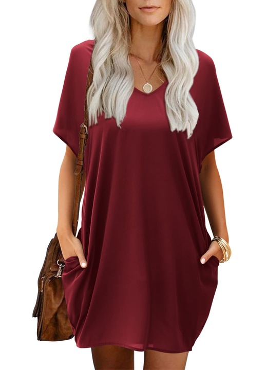 Rochie Beluring, manecă scurtă, v-neck, visiniu, M