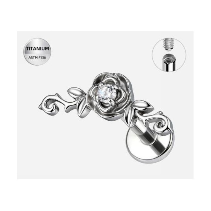 Titán labret piercing, ezüst, 1.2x8 mm, rózsával díszítve, Helix/Tragus/Conch