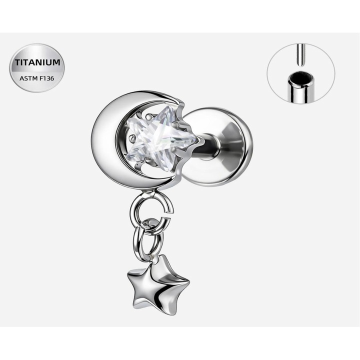 ASTM F136 titán piercing, félhold csillaggal, ezüst, 1.2x6mm