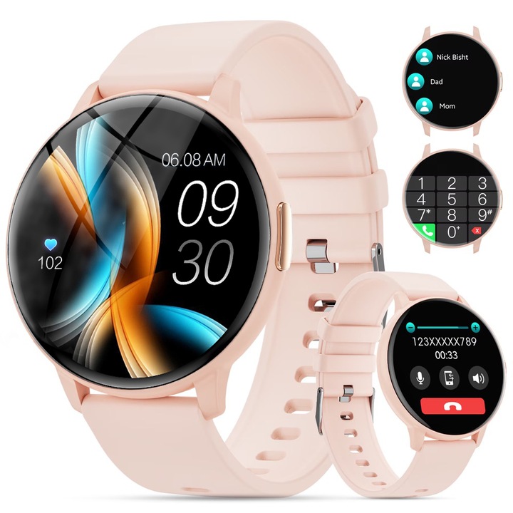 Ceas Smartwatch, ecran de 1,39 inch, fitness tracker, unisex, cronometru, mesaje inteligente de alerta, 100+ moduri de exercitii, asistent vocal, ritm cardiac, apelare Bluetooth, rezistent la apa, music player, limba romana, roz