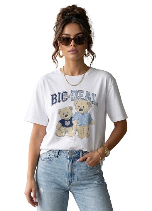 Tricou dama oversize alb bumbac cu ursuleti albastri, S/M