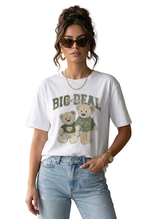 Tricou dama oversize alb bumbac cu ursuleti verzi, S/M