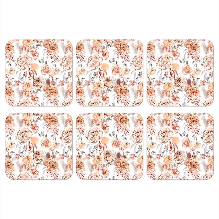 Комплект 6 подложки за чаши, корк, кухня, розови 10x10 см