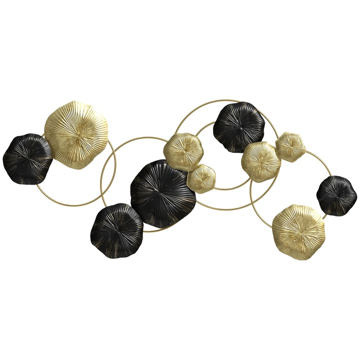 Sculptură decorativă de perete frunza de lotus, Fier, auriu și negru, 84x4x35 cm