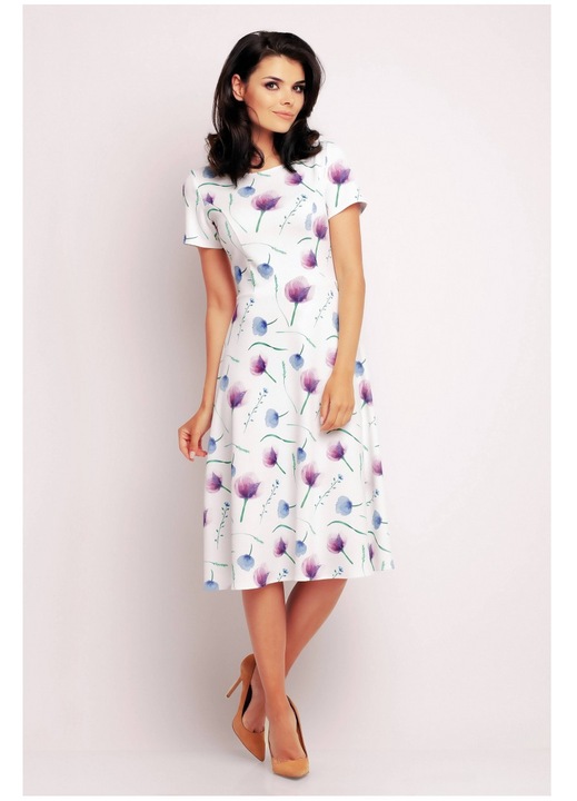 Rochie De Dama, Awama, Model Evazat Tricotat, Imprimeu Floral Violet, 95% Poliester 5% Elastan, Rochie Midi Cu Maneca Scurta, Rochii Elegante De Zi, Tinuta Office Casual, Croiala Clasica, Fabricata In Polonia, Stil Fashion Confortabil, Mov liliachiu