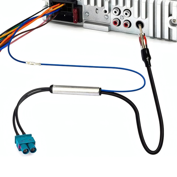 Adaptor antena auto 12V, Chucai, 2 mufe Fakra Z la DIN, amplificator semnal, 30cm