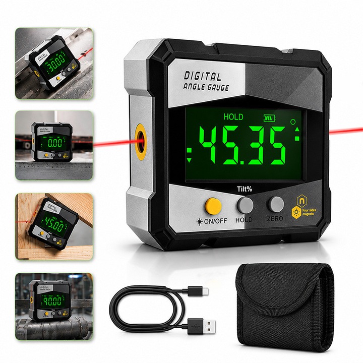 Inclinometru Digital Profesional cu Laser, DONFANLIA®, Portabil, 4 laturi magnetice, Afisaj LCD, masurare relativa si absoluta, reincarcare USB, precizie ±0.2°, Rezistent la Socuri si Apa, Nivela Digitala, Negru