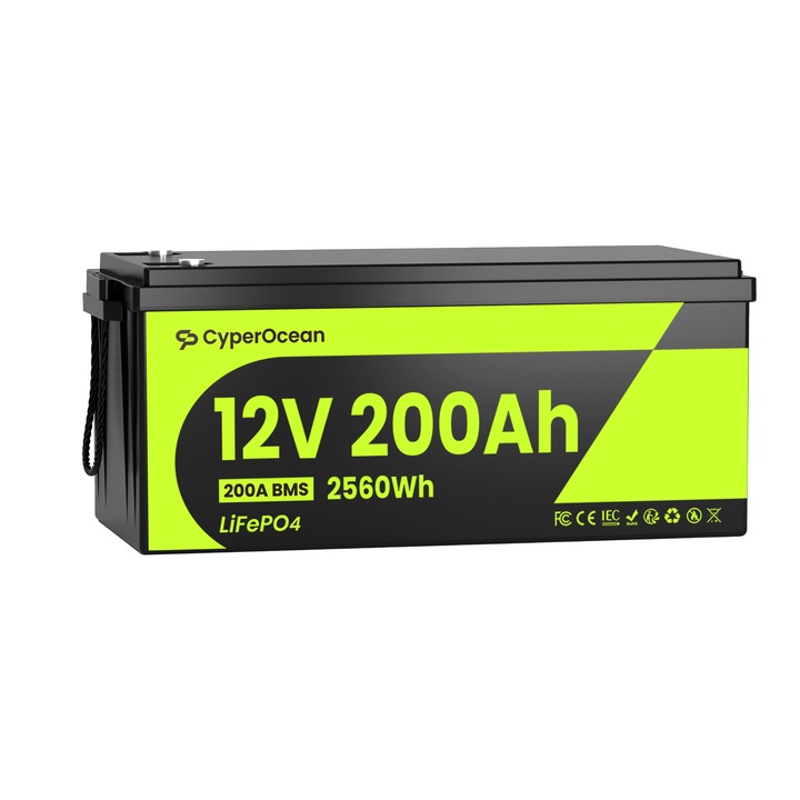 CyperOcean Baterie LiFePO4 de 12V 200Ah, BMS 200A – baterie cu litiu de mare capacitate, 2560 Wh, potrivita pentru rulote si sisteme solare