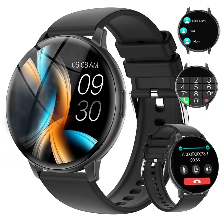 Ceas Smartwatch, ecran de 1,39 inch, fitness tracker, unisex, cronometru, mesaje inteligente de alerta, 100+ moduri de exercitii, asistent vocal, ritm cardiac, apelare Bluetooth, rezistent la apa, music player, limba romana, negru
